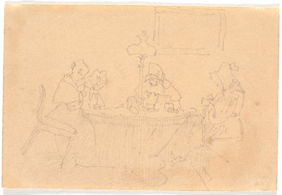 夜のインテリア。 テーブルを囲み、ランプの明かりで裁縫をする 4 人の女性 作： Christen Købke