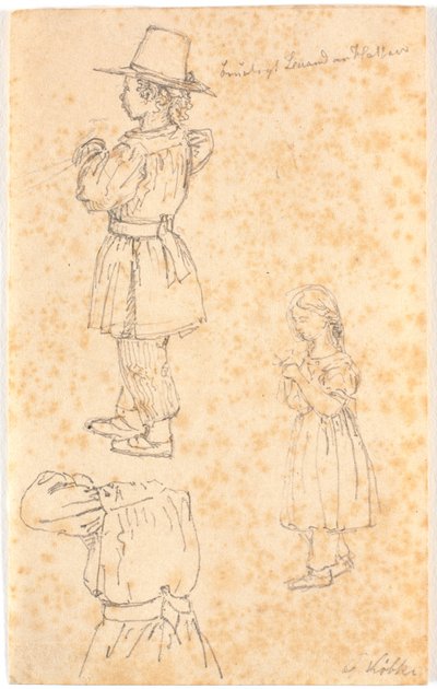 棒を持つ男の子と編み物をする女の子 作： Christen Købke