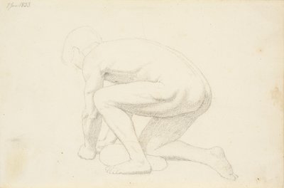 腕と右膝で支えられて横たわっている男性モデル、横から見た左向き 作： Christen Købke
