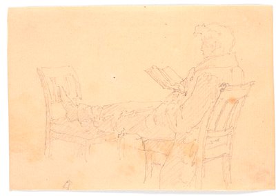 Hans Peter Købke liegend auf zwei Stühlen, lesend. 作： ChristenKøbke