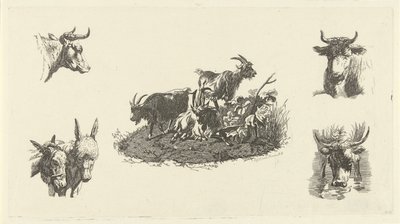 両側に牛の頭とロバの頭を持つ 3 頭のヤギ 作： Christiaan Godfried Schutze van Houten