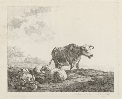 牛と 2 匹の羊のいる風景 作： Christiaan Godfried Schutze van Houten