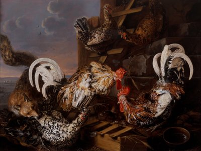 キツネがバンタムを攻撃している農場のシーン 作： Christiaan Luykx or Luycks