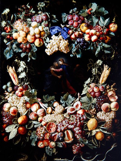果実の花輪の中の訪問者」（油彩・キャンバス） 作： Christiaan Luykx or Luycks