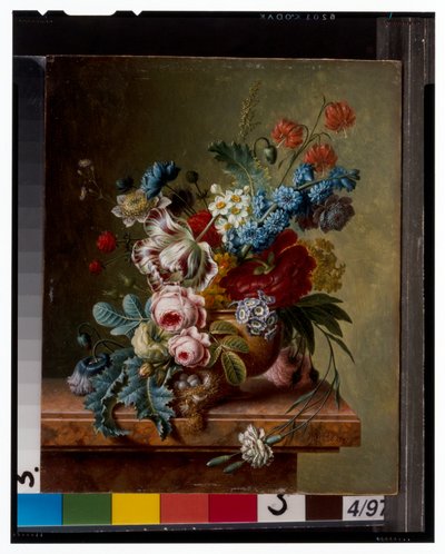 大理石の崖の上の花瓶と金木犀の花籠 作： Christiaan van Pol