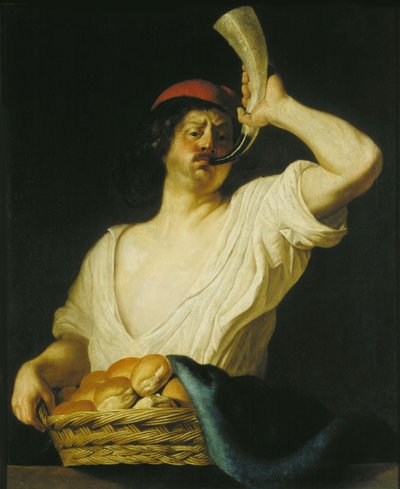 角笛を吹くパン屋、1650年。 作： Christiaen van Couwenbergh