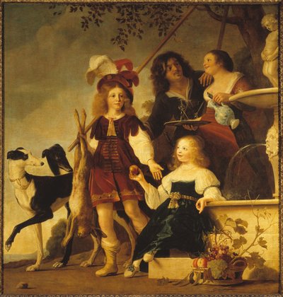 寓話的な家族の肖像画、1642 年。 作： Christiaen van Couwenbergh