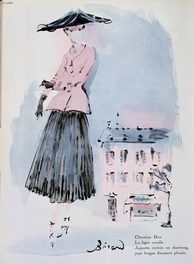 クリスチャン ディオールによるファッション プレート、雑誌「ヴォーグ」のイラスト、1947 年 6 月（カラー彫刻） 作： Christian Bérard