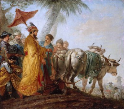 鋤を持った中国の皇帝。 中国の皇帝が農業を称えるために最初の畝を耕す 作： Christian Bernhard Rode