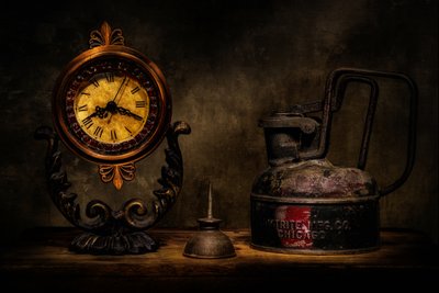 ヴィンテージの時計とオイル缶 作： 