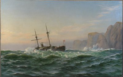 1893 年の夏、トロンヘムに向かう途中、装甲艦「Iver Hvitfeldt」が Forbjerget Stat を通過しました。 作： Christian Blache