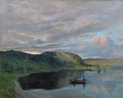 高山の湖のそばの夏の夜（キャンバスに油彩） 作： Christian Eriksen Skredsvig