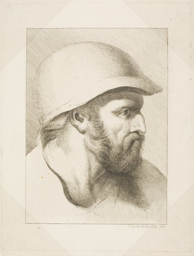 鋼鉄のヘルメットをかぶったひげ面の男性の頭部 作： Christian Frederick Köhlitz