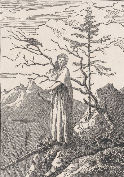 レイヴンを持つ女性 絶壁でカラスを連れた女性、おそらく 1803 年。 作： Christian Friedrich