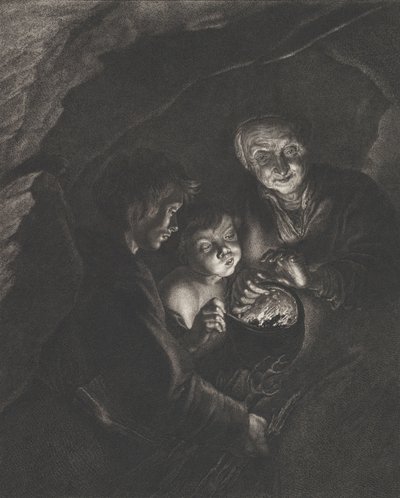 洞窟の夜のシーンで、鍋に燃える石炭を持っている老婆、吹き飛ばす少年。 1750-57 作： Christian Friedrich Boëtius
