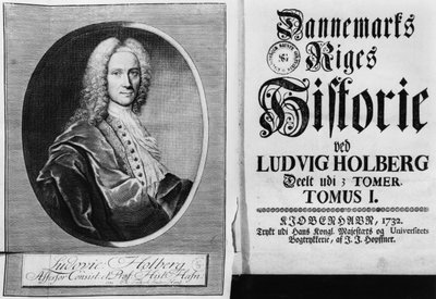 Ludvig Holberg男爵（1684-1754）と1732年にコペンハーゲンで出版された彼のデンマークの歴史の第1巻のタイトルページ 作： Christian Friedrich Fritzsch