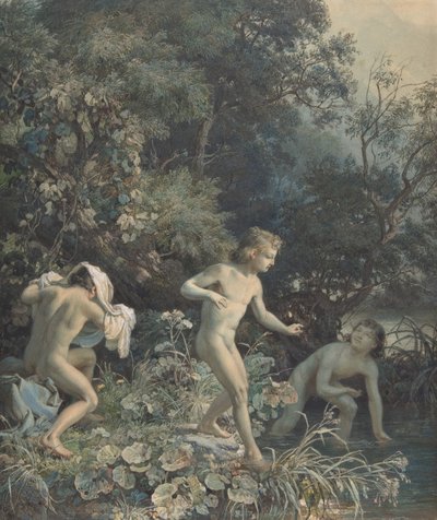 19 世紀の 3 人の水浴少年とリバーサイド。 作： Christian Friedrich Gille