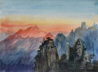 仏光 -日の出バラ山- 2015年（紙に水彩画） 作： Christian Furr