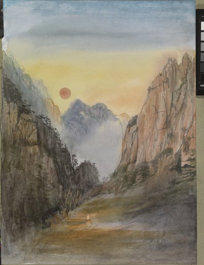 ピンクの太陽（金）黄色い山 2015年（紙に水彩画） 作： Christian Furr