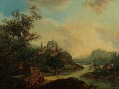 手前に人物、その向こうに丘の上の要塞都市が見えるラインランドの景色 作： Christian Georg II Schutz or Schuz