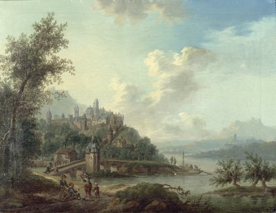 フォアグラウンドに橋と人物が描かれたラインランドビューとその向こうの丘の要塞化された町 作： Christian Georg II Schutz or Schuz