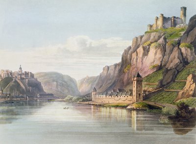 1819年にロンドンのR.アッカーマンによって発行された「ライン川沿いのメンツからケルンまでの絵のようなツアー」からT.サザーランドによって彫刻された聖ゴアルスハウゼン、聖ゴアール、ラインフェルス 作： Christian Georg II Schutz or Schuz