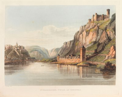 St. Goarshausen、St. Goar、Rheinfels。 From: ライン川沿いの絵のように美しいツアー、1820 年。 作： Christian Georg Schütz the Younger