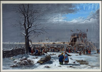 サンクトペテルブルクのスモルニー修道院の近くにあるネヴァ川のジェットコースター - Christian Gottfried Heinrich Geissler (1770-1844).銅版画、水彩画 作： Christian Gottfried Geissler