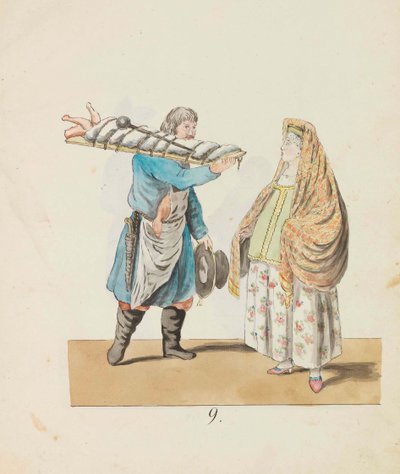 板に豚を乗せた肉屋と女商人 「サンクトペテルブルグ…」シリーズより、1799年。 作： Christian Gottfried Heinrich Geissler