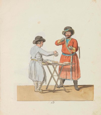 キッセルの売り手と邸宅の御者 1799 年、サンクトペテルブルクの行商人シリーズより。 作： Christian Gottfried Heinrich Geissler