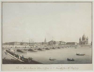 ペテルブルクの聖イサク橋の眺め - クリスチャン・ゴットリーブ・ハマー（1779-1864）。エッチング、水彩画、1820年以前。サンクトペテルブルク国立歴史博物館 作： Christian Gottlob Hammer