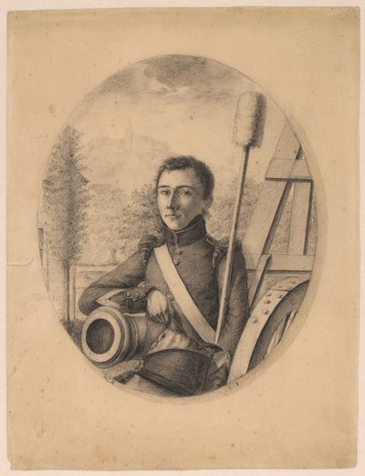 銃身にもたれかかる、右手のケピの若い兵士の肖像 (自画像?) 作： Christian Heinrich Gottlieb Steuerwald