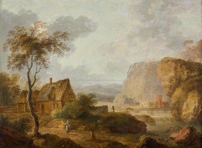 川と農場のある山の風景 作： Christian Hilfgott Brand