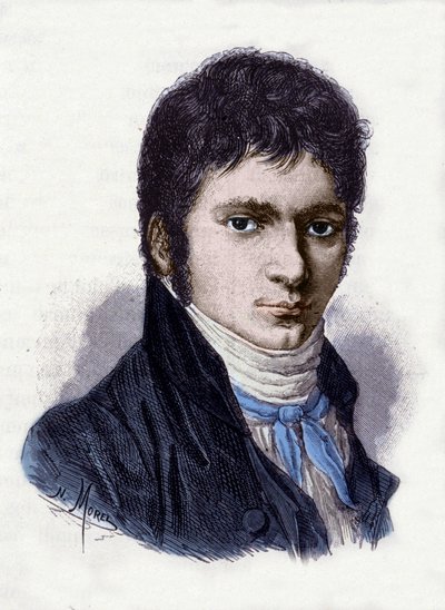 ドイツの音楽家、ルートヴィヒ・ヴァン・ベートーヴェン（1770-1827）の1802年の姿。ホーンマンの細密画からモレルが作成した版画。 作： Christian Hornemann