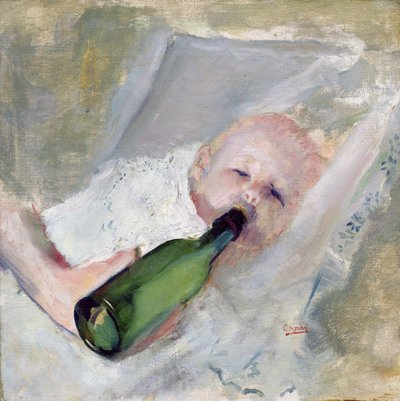 ミルクボトルを持った赤ちゃん（キャンバスに油彩） 作： Christian Krohg