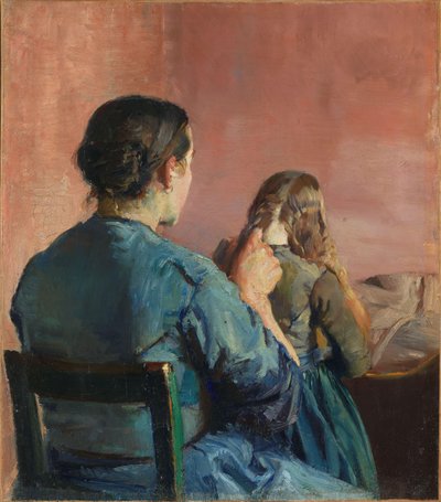 彼女の髪を編む、1888年頃（キャンバスに油彩） 作： Christian Krohg