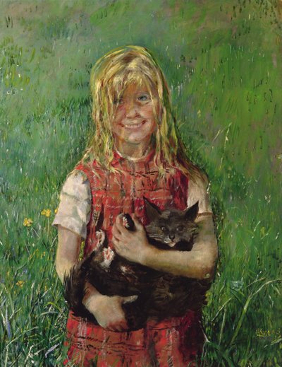 猫を連れた少女（キャンバスに油彩） 作： Christian Krohg
