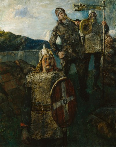 オラフ王は軍隊の音を吹き飛ばした 作： Christian Krohg