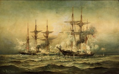 1864年6月19日、フランスのシェルブール港沖のカーサージュとアラバマ、1870年頃 作： Christian Poulsen