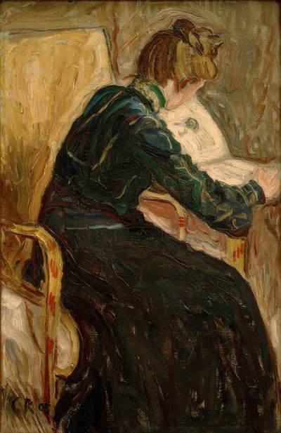 肘掛け椅子で読書する女性 作： Christian Rohlfs