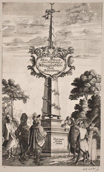 Johann Albrecht Mandelslo のタイトル ページ、"Oriental Travel Description [...]、Schleswig 1668 作： Christian Rothgiesser