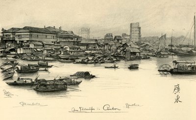 珠江のボート、広州、中国、1898年。 作： Christian Wilhelm Allers