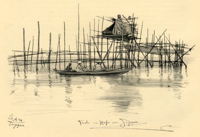 1898 年、シンガポール港の高床式の家と漁師。 作： Christian Wilhelm Allers