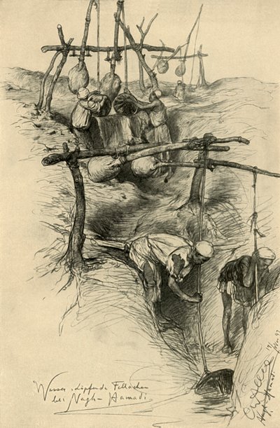 シャドゥフを使ってナイル川から水を持ち上げる、ナグ ハマディ、エジプト、1898 年。 作： Christian Wilhelm Allers