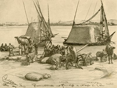 1898 年、エジプト、カイロ、ナイル川で綿を穀物ボートに積み込む。 作： Christian Wilhelm Allers