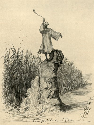 鳥を怖がらせる男、テーベ、エジプト、1898年。 作： Christian Wilhelm Allers