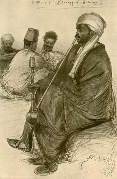 1898年、エジプトの蒸気船「ハタソー」に乗って水パイプを吸っている男性。 作： Christian Wilhelm Allers