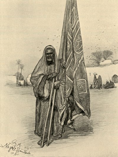 旗を持つ男、ナガダ、エジプト、1898年。 作： Christian Wilhelm Allers