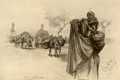 1898 年、カイロ、コブリ エル ゲジーラ橋の近くの女性と子供。 作： Christian Wilhelm Allers