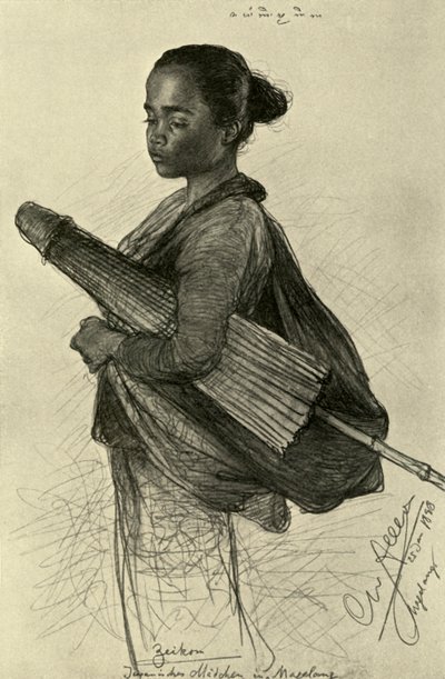 パラソルを持つ若い女性、マガラン、ジャワ、1898年。 作： Christian Wilhelm Allers